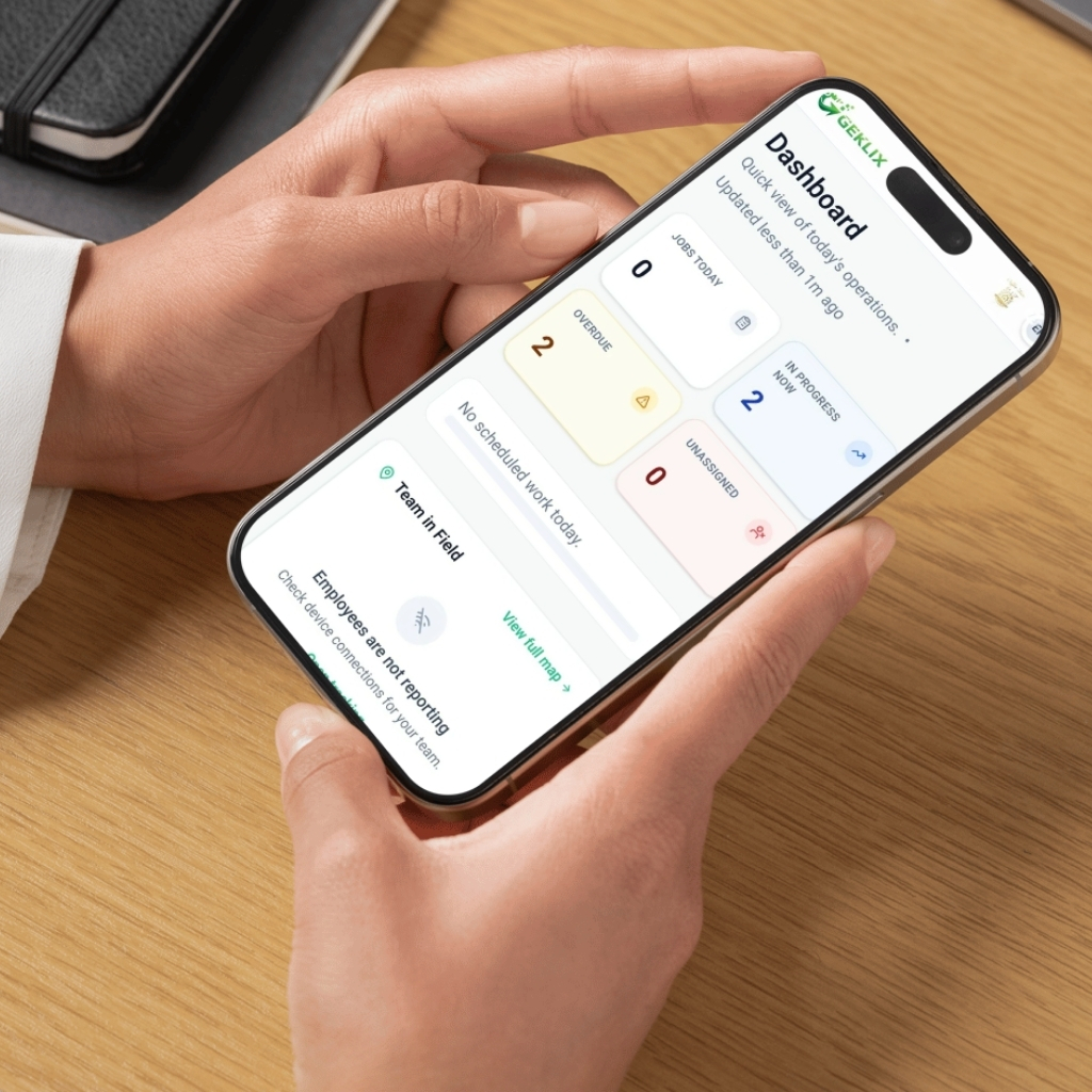 Geklix dashboard showing job scheduling and team management